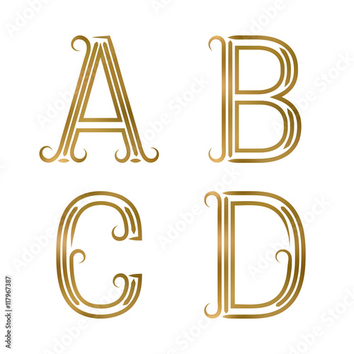 A, B, C, D golden letters. Font of lines with flourishes. Type in art deco style.