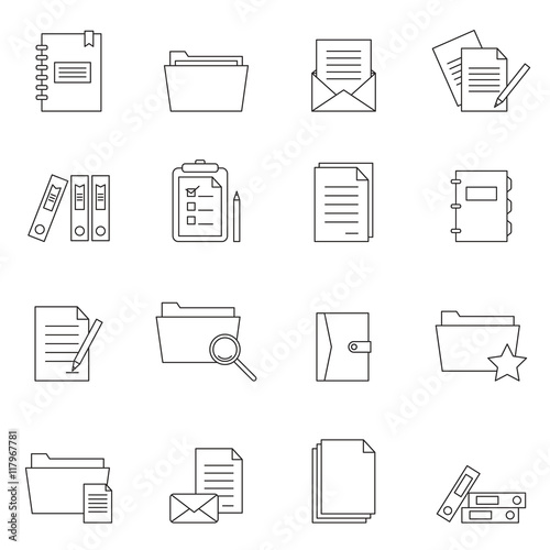 Outline document notes icon set isolated on white background