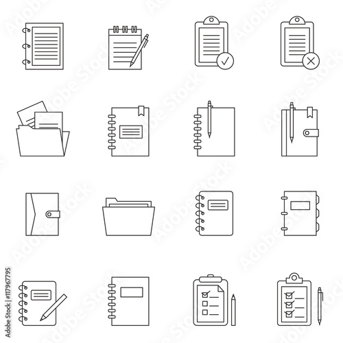 Outline document notes icon set isolated on white background
