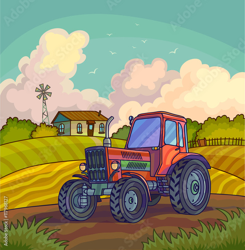 Farm rural landscape with field and tractor.