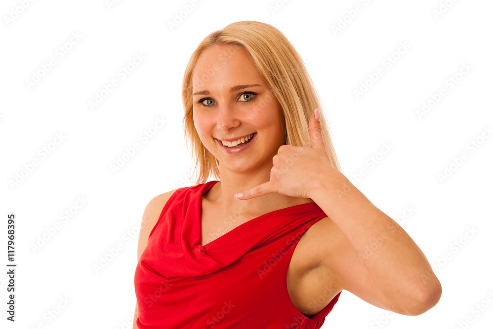 Blond woman in red shirt gestures call me isolated over white Blond woman in red shirt gestures call me isolated over white