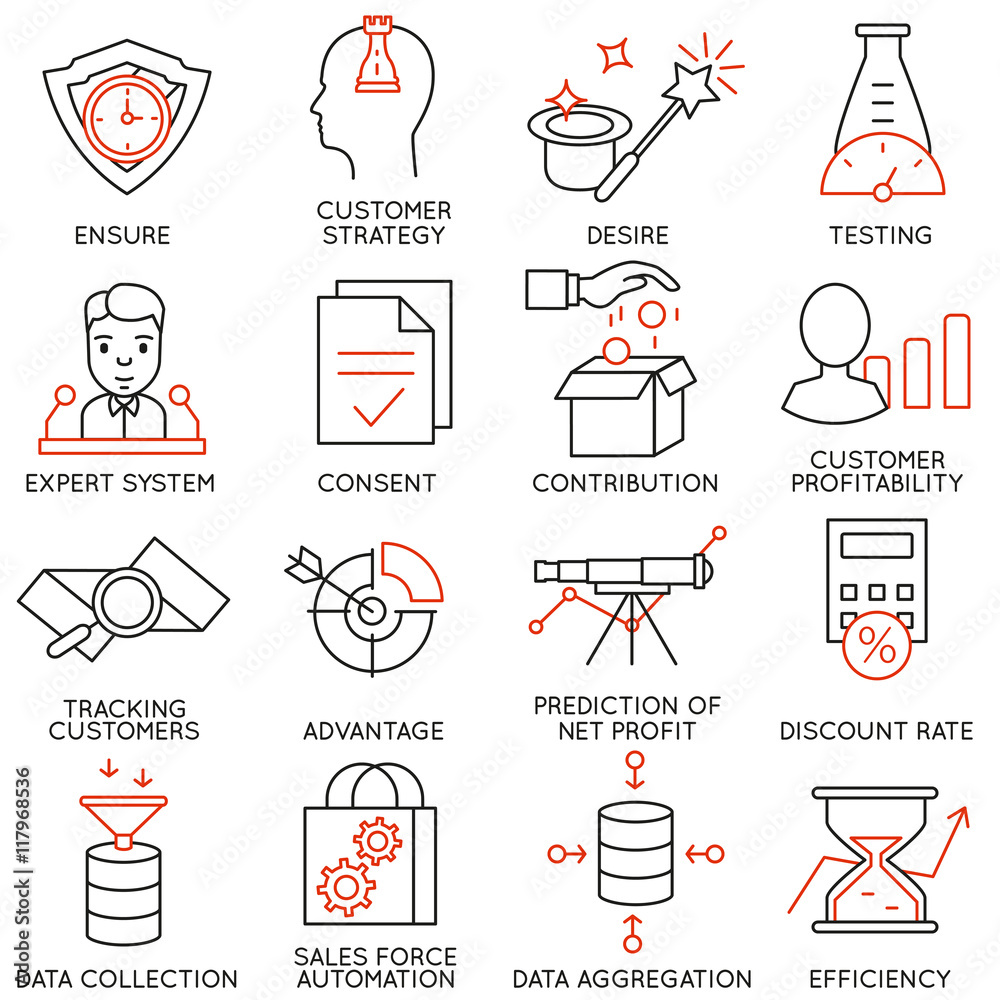 Vector set of 16 icons related to business management, strategy, career progress and business process. Mono line pictograms and infographics design elements - part 17 Vector set of 16 icons related to business management, strategy, career progress and business process. Mono line pictograms and infographics design elements - part 17