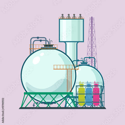 Industrial Plant Isolated , Refinery Processing of Natural Resources, Industrial Pipes and Tanks, Chemical Industry, Vector Illustration