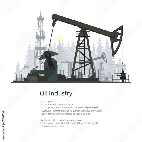 Pumpjack or Oil Pump Isolated on White Background, Oil Horse, Pumping Unit, Gasshopper Pump, Oil Industry, Overground Drive for a Reciprocating Piston Pump in an Oil Well, Poster Brochure Flyer Design
