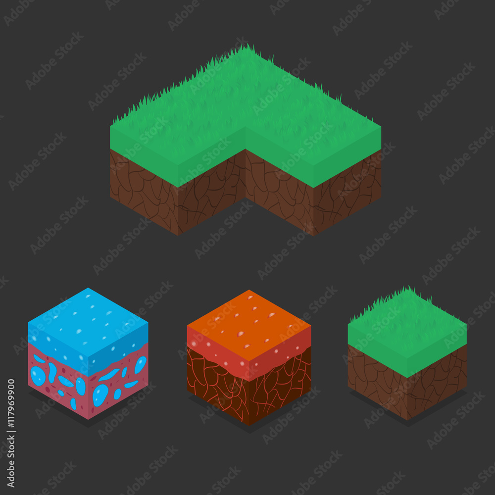 Collection set of 3D Isometric Landscape Cubes - Ground Grass, Water, Lava Element. Icon Can be used for Game, Web, Mobile App, Infographics. Game asset.