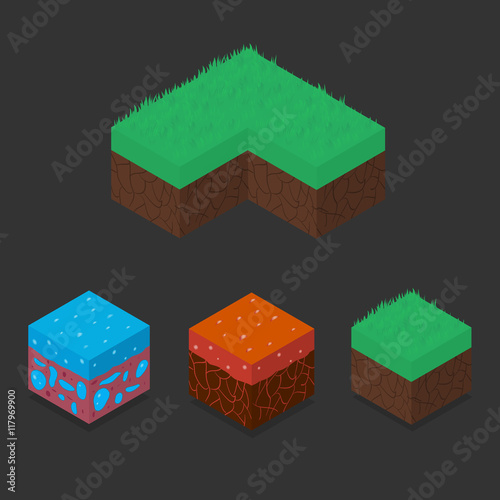 Collection set of 3D Isometric Landscape Cubes - Ground Grass, Water, Lava Element. Icon Can be used for Game, Web, Mobile App, Infographics. Game asset.