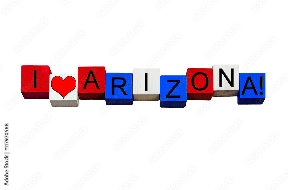I Love Arizona, sign or banner design, American states, travel. Isolated. I Love Arizona, sign or banner design, American states, travel. Isolated.