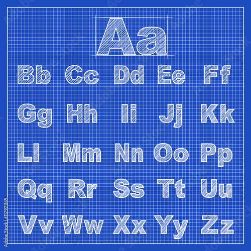 Drawing sketch font with blueprint background. Scribble style. Flat design for business financial marketing banking advertising commercial in minimal vector concept illustration.