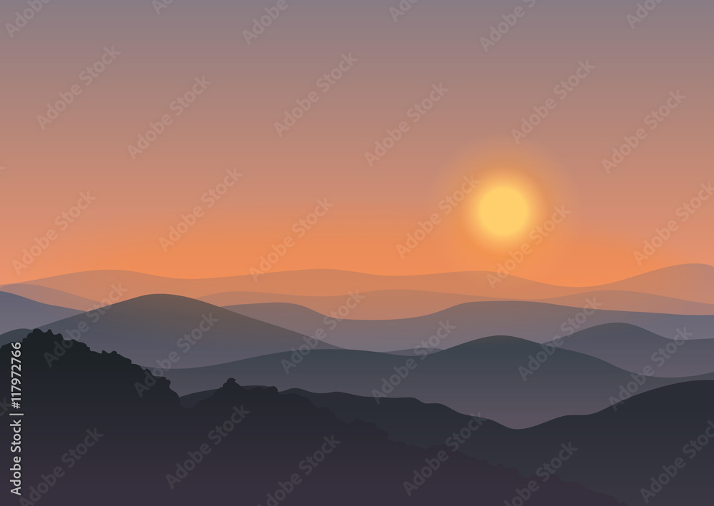 Cartoon mountain landscape in sunset. Background Outdoor Recreation concept illustration.