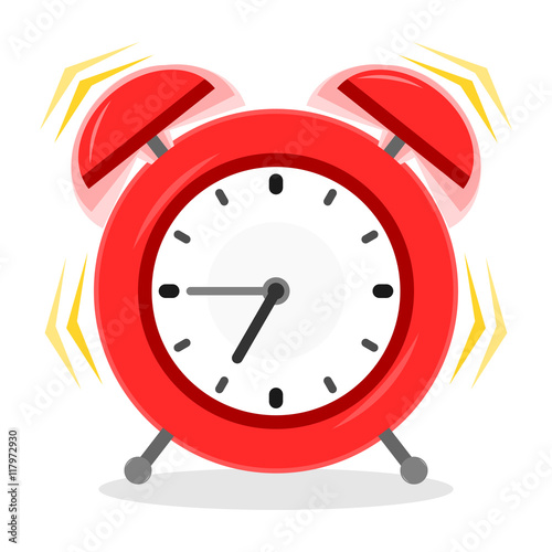 Alarm clock ringing. Red alarm with special ringing effect is in flat vintage cartoon style. Isolated vector illustration.