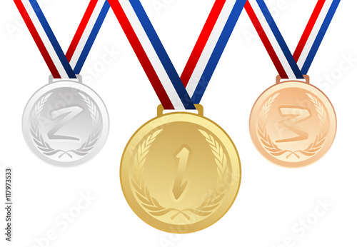 Set of gold, silver and bronze medals with ribbons