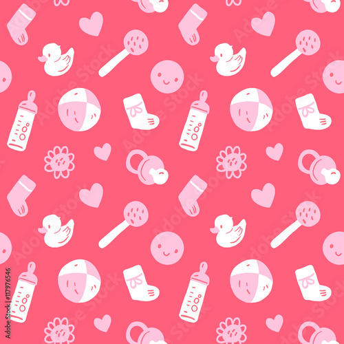 Vector seamless pink baby pattern with toys, smileys, bottel, socks, harts and flowers.