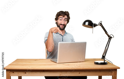 crazy young man with table .happy expression