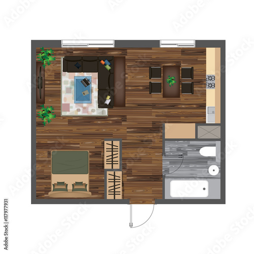 Architectural Color Floor Plan. Studio Apartment Vector Illustration. Top View Furniture Set. Living room, Kitchen, Bathroom. Sofa, Armchair, Bed, Dining Table, Chair, Carpet