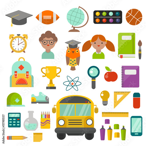 Back to school flat design supplies vector set. Education icons.