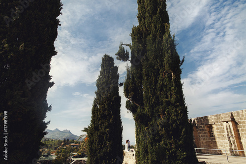 High green trees surround the ruins where newlyweds stand