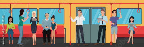 people using smartphone phones in subway train public transport.