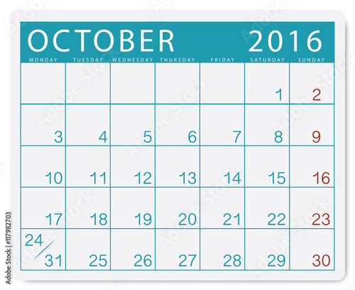 Calendario 2016: mese di ottobre con festivi