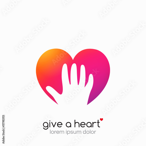 Hands holding heart symbol, abstract gradient, flat shadow.