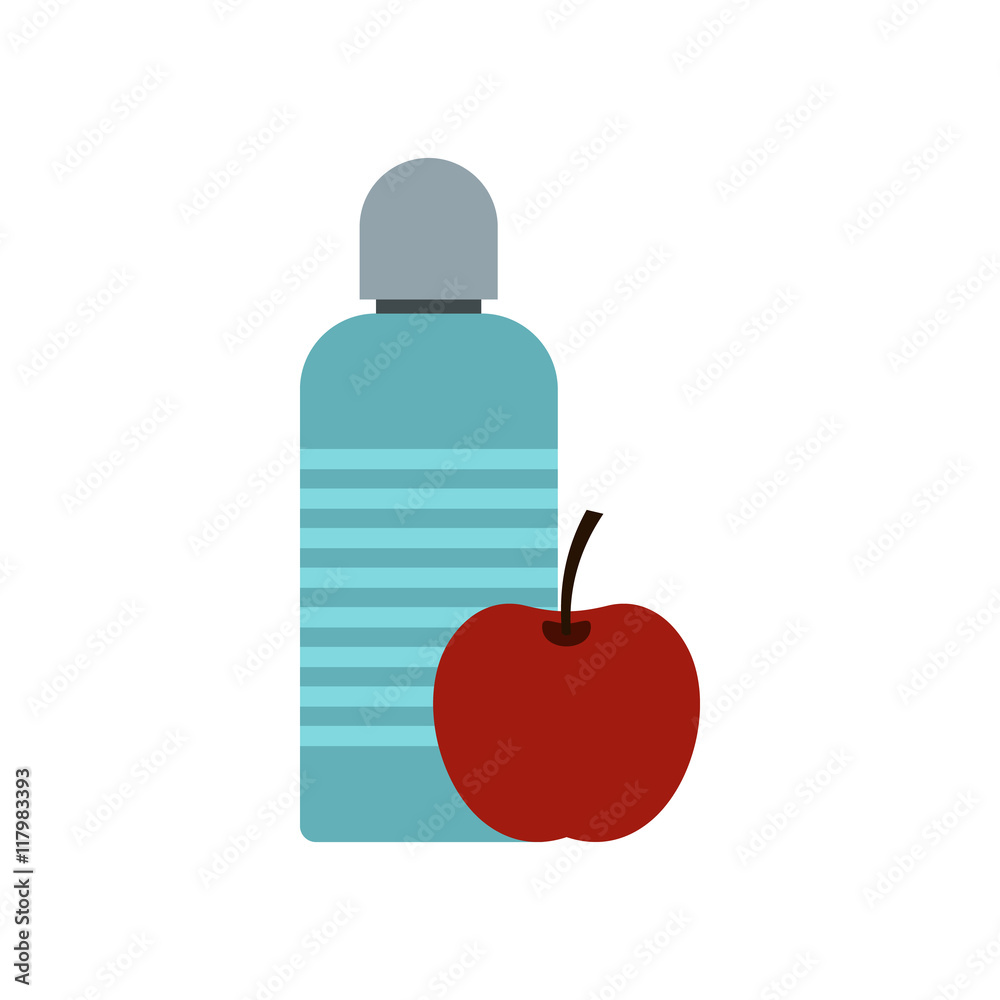 Bottle of water and red apple icon in flat style on a white background Bottle of water and red apple icon in flat style on a white background