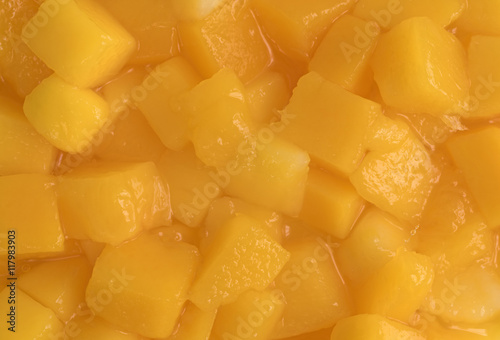 Close view of diced mangoes.