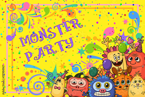 Background for Your Holiday Party Design with Different Cartoon Monsters  Colorful Illustration with Cute Funny Characters. Vector
