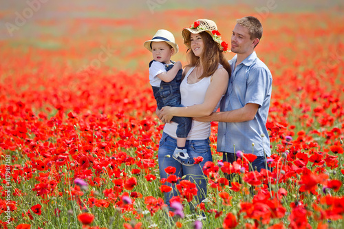 Happy family in a red flowers