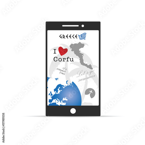 greek island corfu on mobile phone illustration in colorful