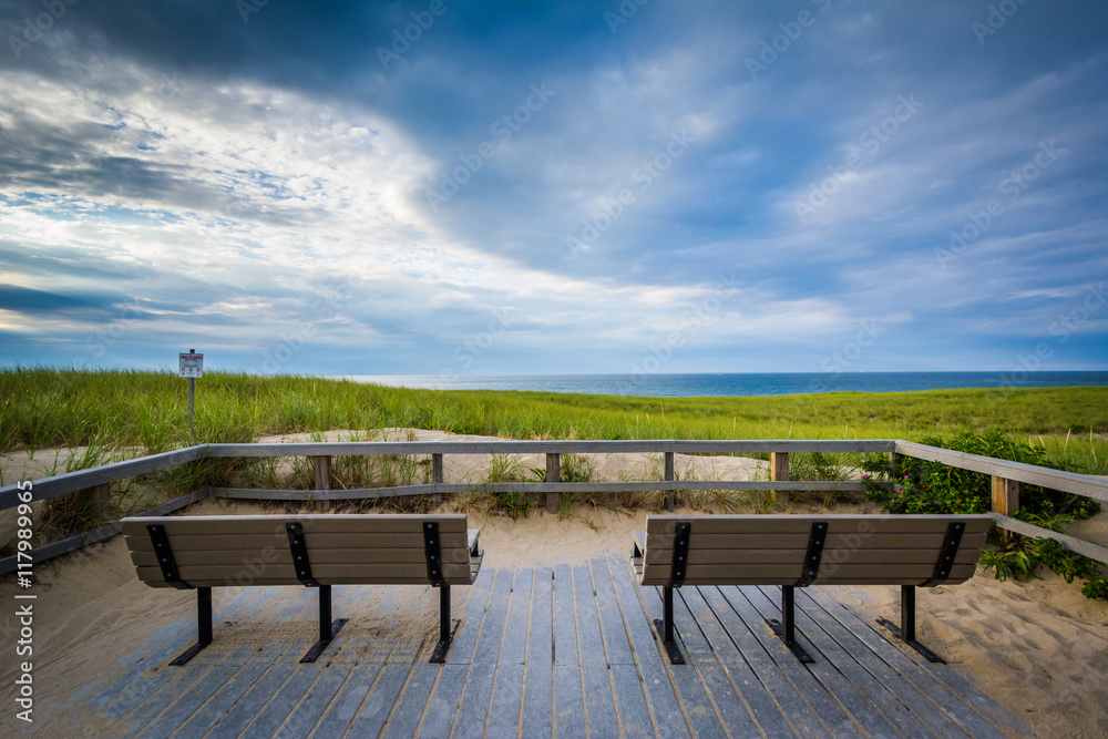 Benches and sand dunes at Race Point, in the Province Lands at C Benches and sand dunes at Race Point, in the Province Lands at C
