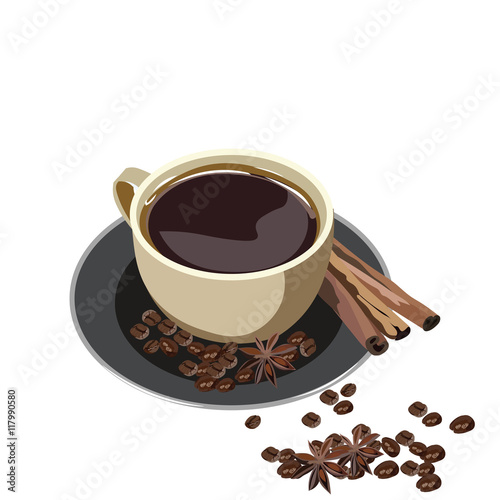 Fresh cup of coffee with cinnamon isolated on white  background Vector