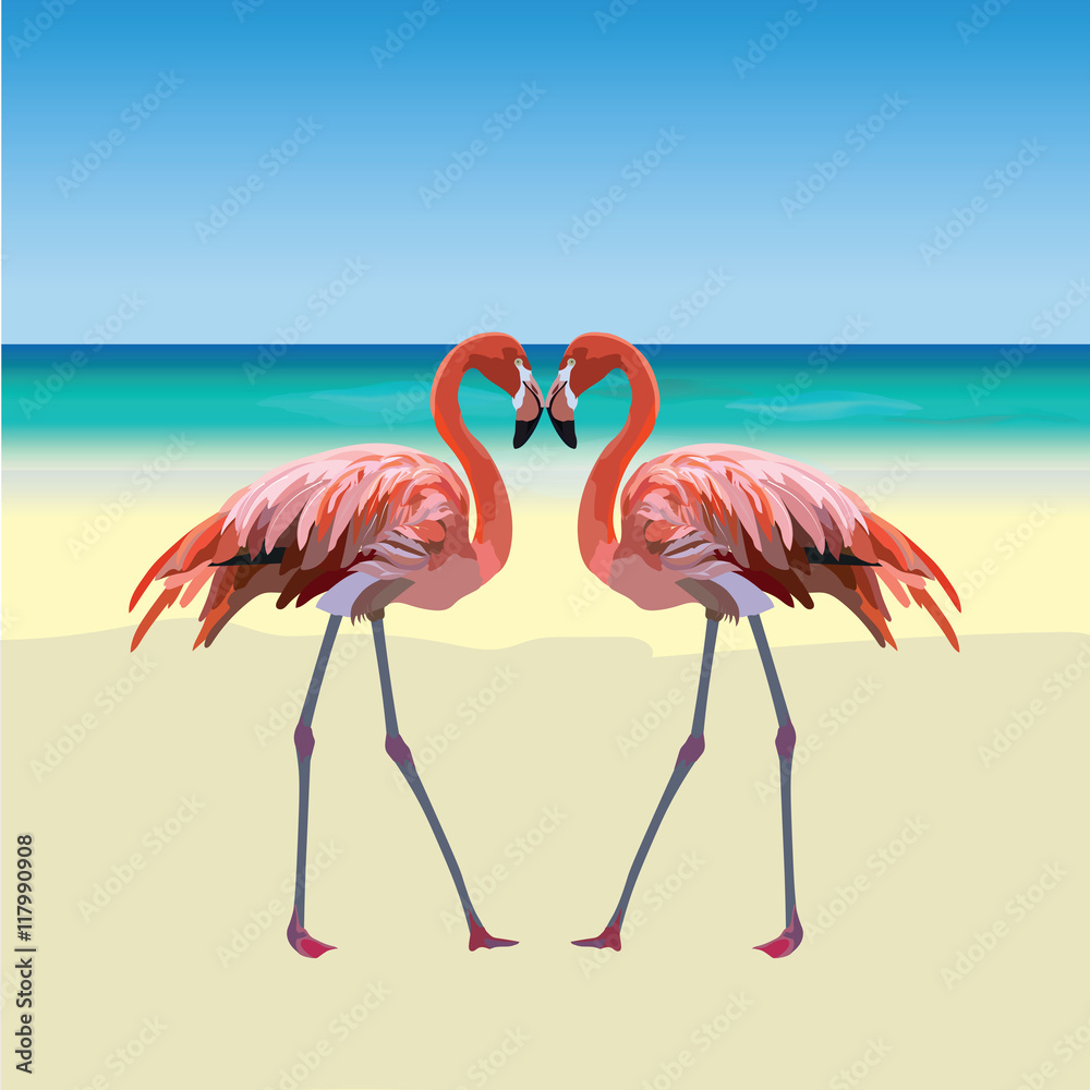 Fototapeta premium Two flamingo birds forming a shape of a heart. Tropic Exotic Beach background. Summer Vector Travel card