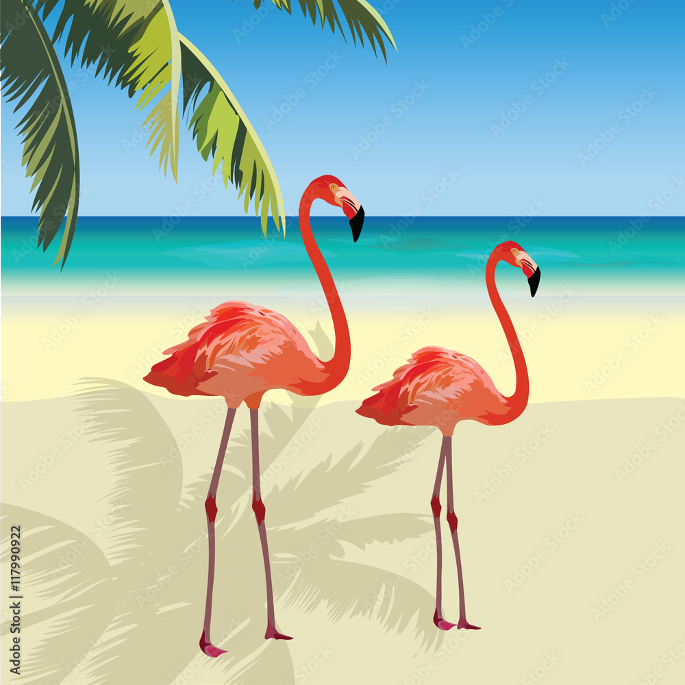 Fototapeta Two flamingo birds at Tropic Beach. Summer Vector Travel card. Exotic background