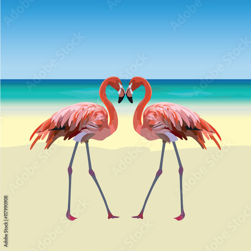 Two flamingo birds forming a shape of a heart. Tropic Exotic Beach background. Summer Vector Travel card