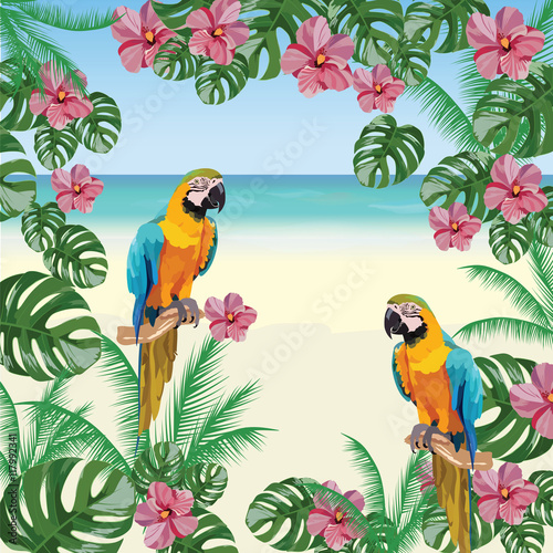 Exotic tropical card with parrot birds and  flowers. Vector Summer beach back...