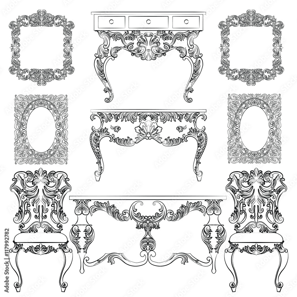 Baroque Imperial luxury style furniture. Table set with luxurious rich  ornaments. Vector sketch Stock Vector | Adobe Stock