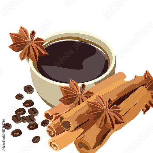 Cup of coffee with cinnamon and anise stars  isolated on white background Vector