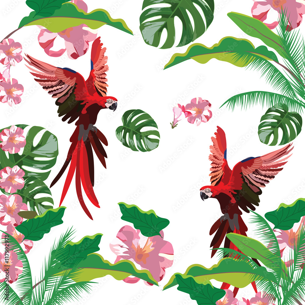 Obraz premium Exotic tropical pattern with parrot birds and flowers. Vector background illustration