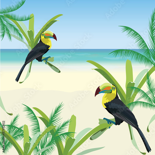 Exotic tropical card with toucan parrot birds and flowers. Vector Summer beac...