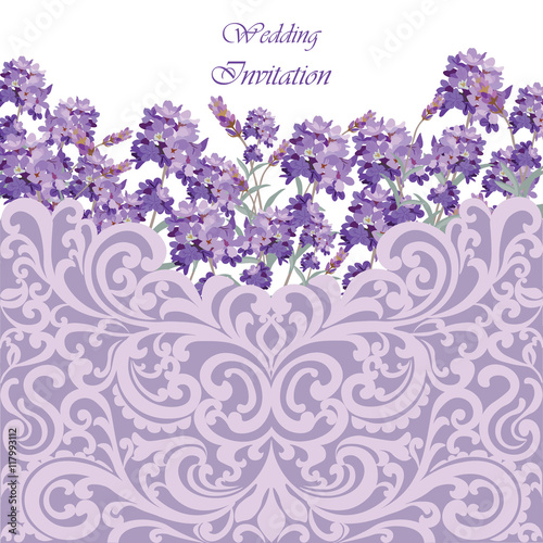 Lavender Card with lace ornamented border. Vector Gentle blossom floral bouqu...