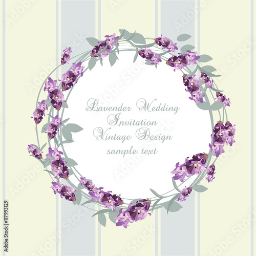 Vintage Lavender wreath card. Watercolor gentle elegant flowers frame. Vector...