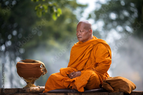 Asian monk meditating under a tree
