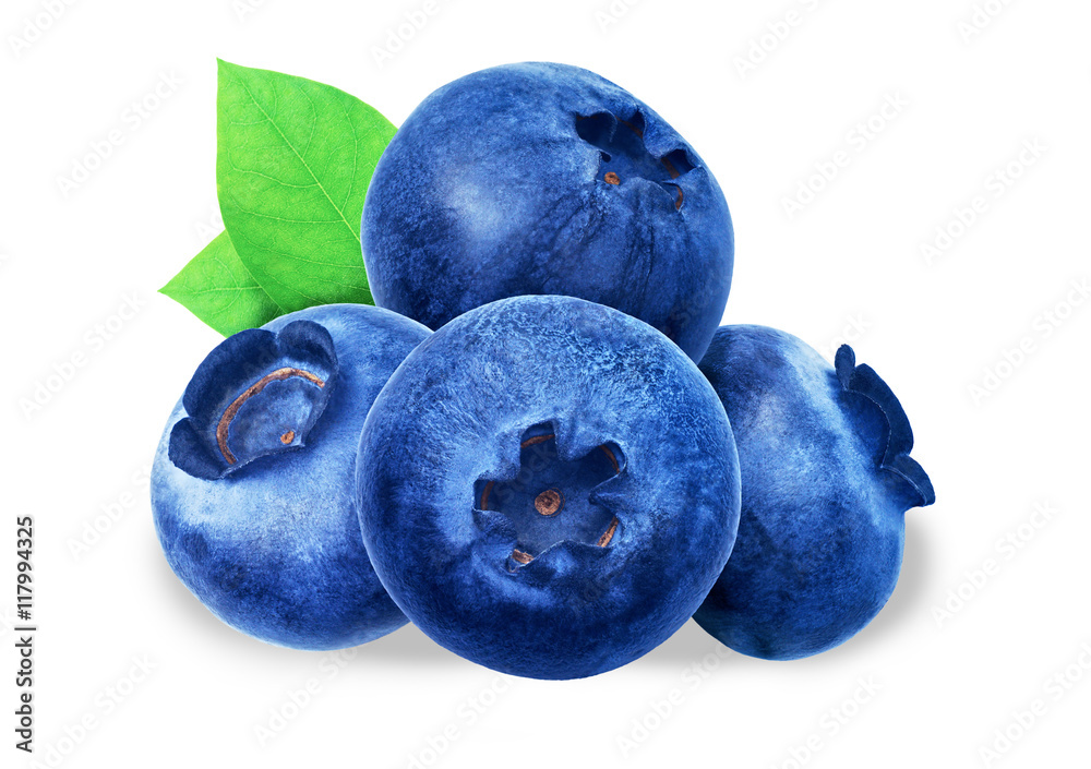 Obraz premium Juicy and fresh blueberries with green leaves on white background. Blue color blueberries close-up. Image of blueberries with high resolution. Blueberry antioxidant. Useful blueberries for vision.