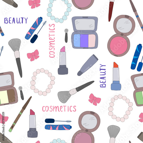 Vector seamless pattern. Hand-drawn doodle set of cosmetics
