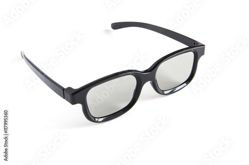 3D glasses for stereo video couple lie on blue and red background lens black frame