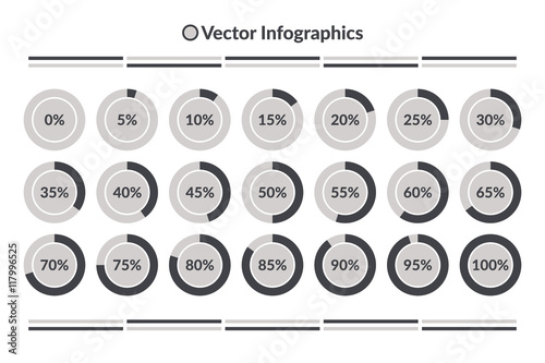 Vector Infographics. 0 to 100 percent  pie charts, grey isolated circle diagrams.