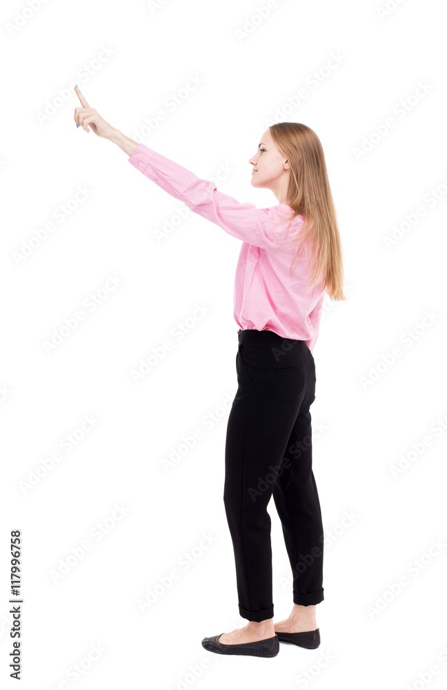Back view of pointing woman. beautiful girl. Rear view people collection. backside view of person. Isolated over white background. Smiling girl standing with cancer and shows thumb. Back view of pointing woman. beautiful girl. Rear view people collection. backside view of person. Isolated over white background. Smiling girl standing with cancer and shows thumb.