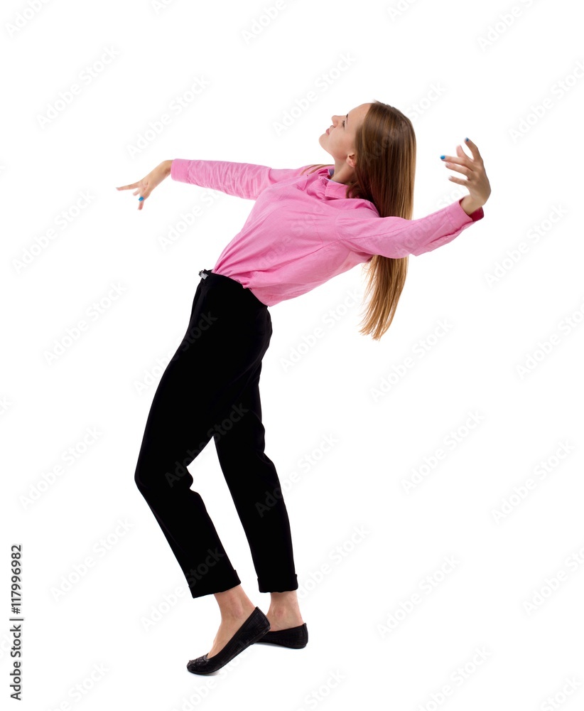 Balancing young business woman.  or dodge falling woman. Rear view people collection.  backside view of person.  Isolated over white background. Woman office worker in a pink shirt leans back heavily.
