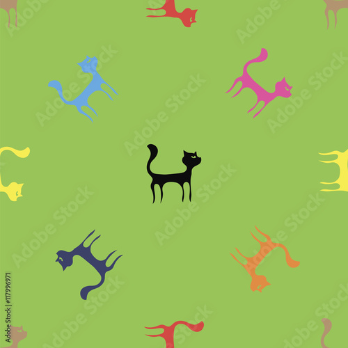 Colorful Cats Seamless Pattern. Animal Pets Silhouettes Background.