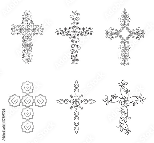Set of Crosses (Crucifix), Religious Design Elements, Vector Set