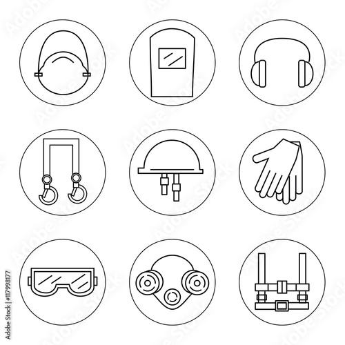  Protective equipment for eyes, head, ears, hands,  lungs and the body. Body protection and health. Vector illustration.